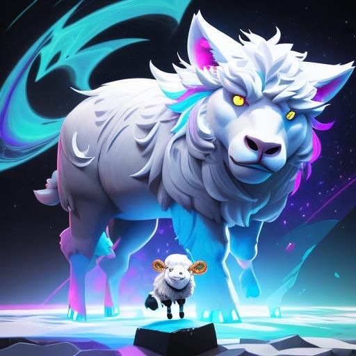 Sheep and Wolf Face-Off: Cosmic Astral Illustration