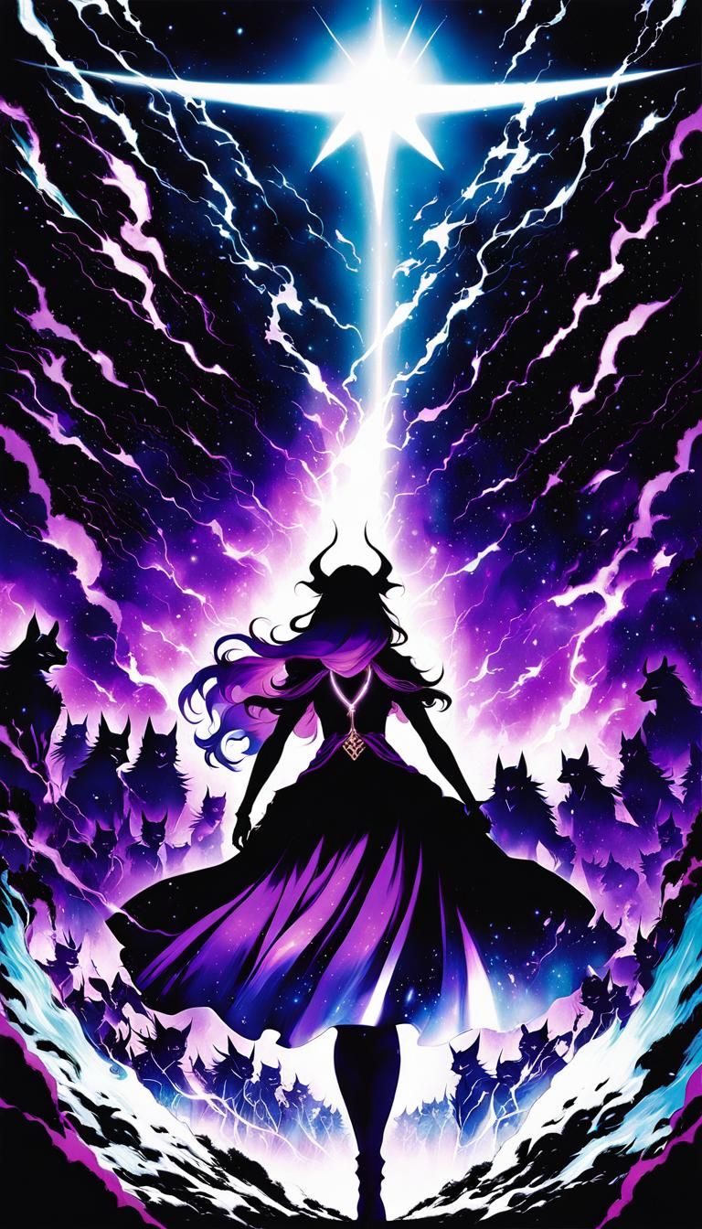 Ethereal Witch Confronts Shadowy Horde in Vibrant, High-Cont...