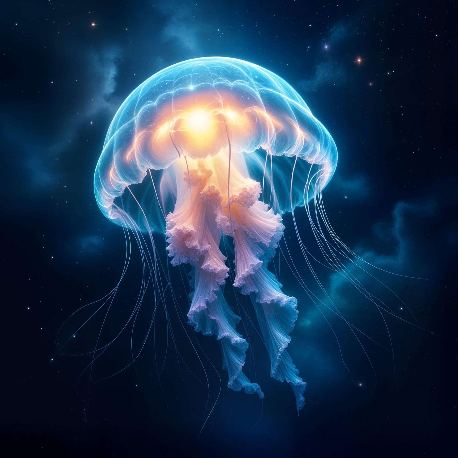 Bioluminescent Jellyfish Drifts Through Cosmic Nebula