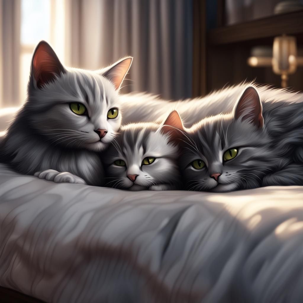 Three gray kittens snuggled in bed