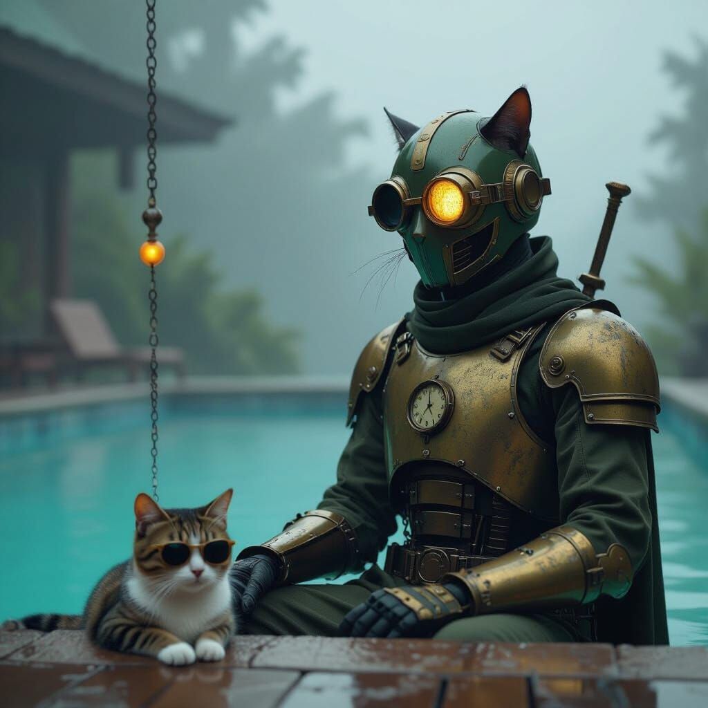Cat with Sunglasses by Pool in Steampunk Style