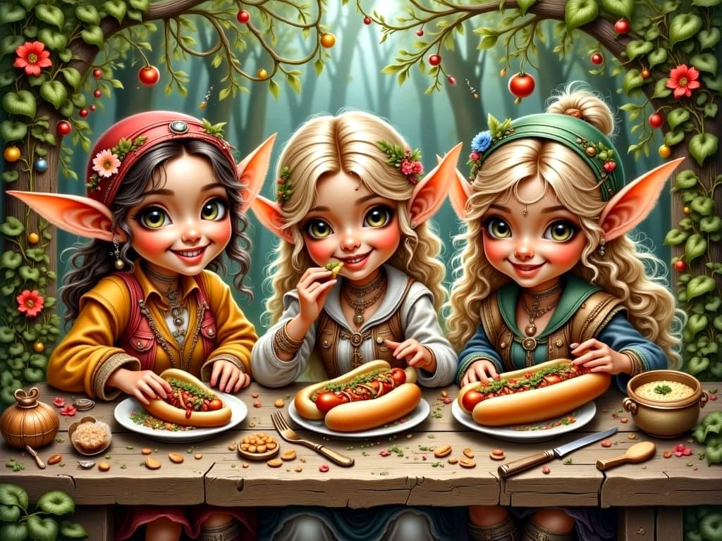 Elves' Picnic: Hot Dogs in an Oil Painting Style