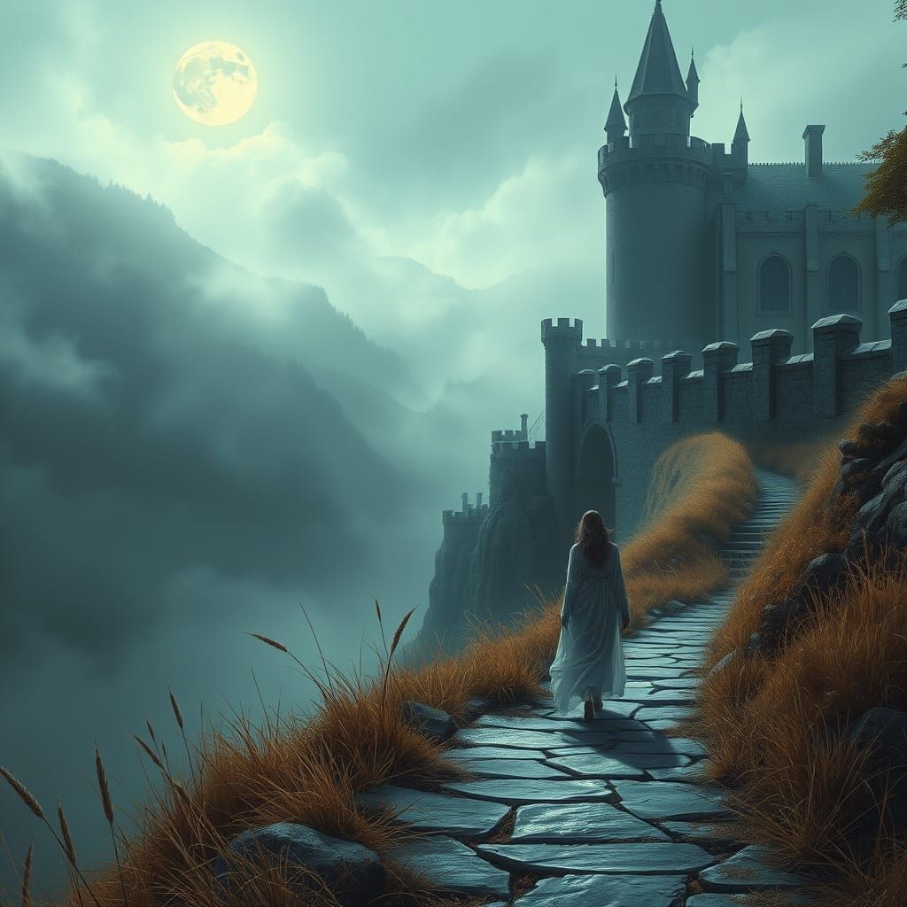 Ethereal Woman by Castle Wall in Misty Valley