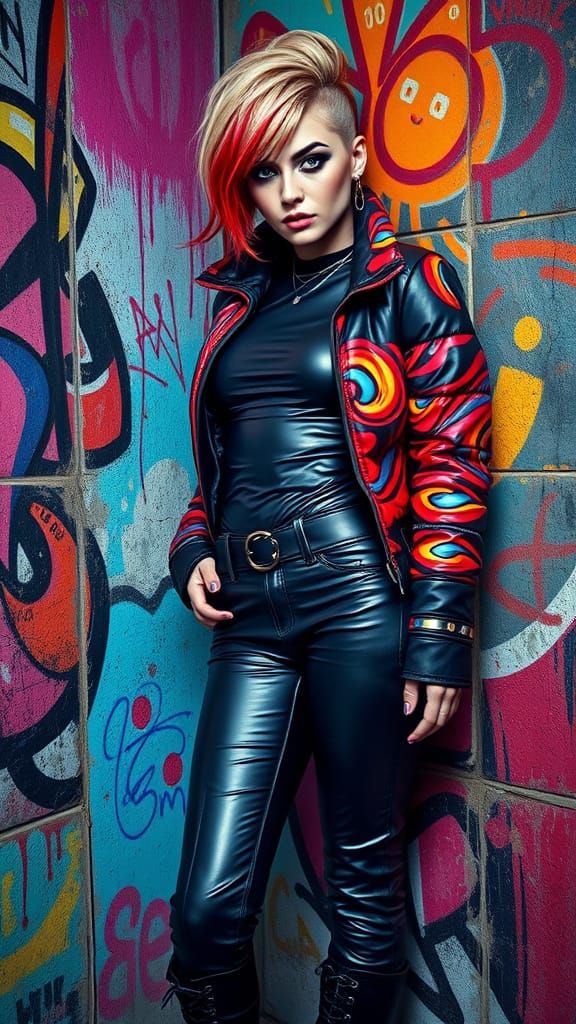 Edgy Emo Woman in Leather Bodysuit and High-Waisted Pants