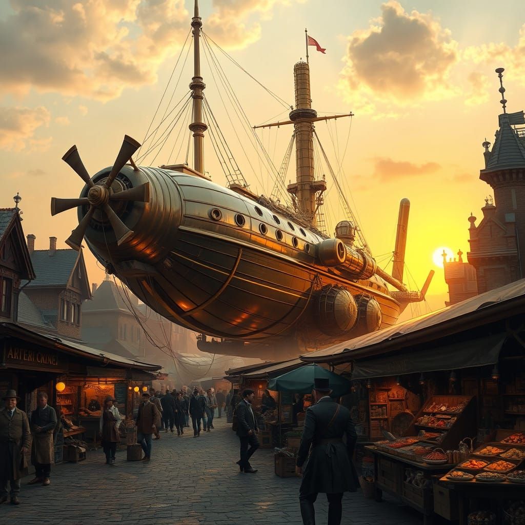 Steampunk Airship Radiates Golden Warmth in Bustling Market....