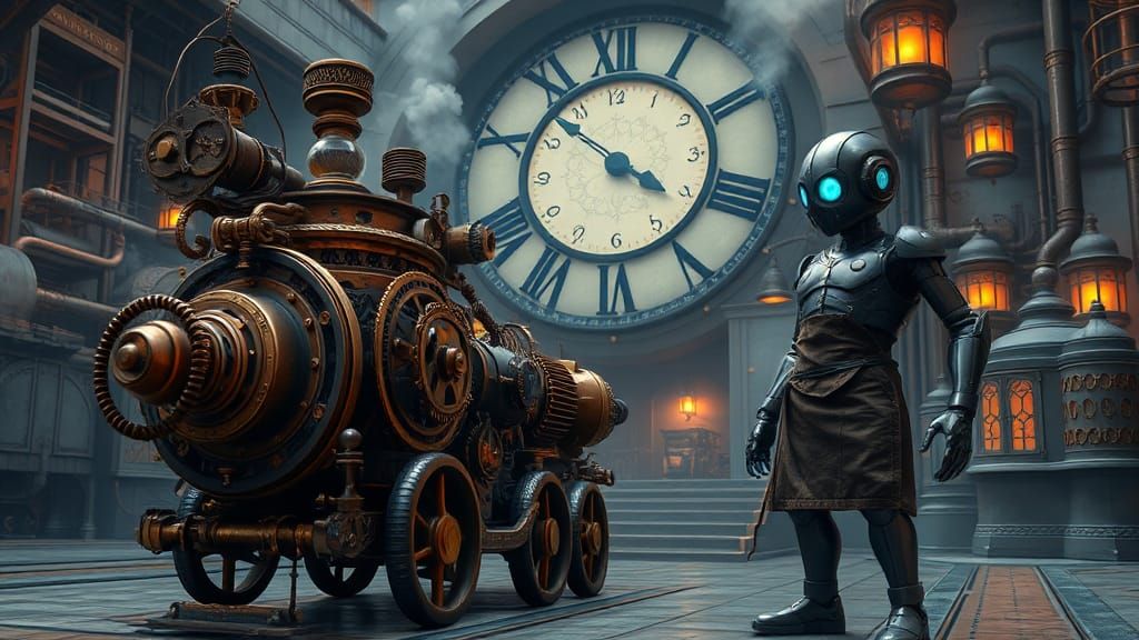 Steampunk Contraption Rolls into Factory, Android Guard