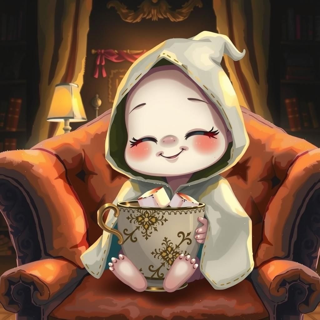 Ghibli Ghost Toddler with Cocoa, Watercolor Illustration