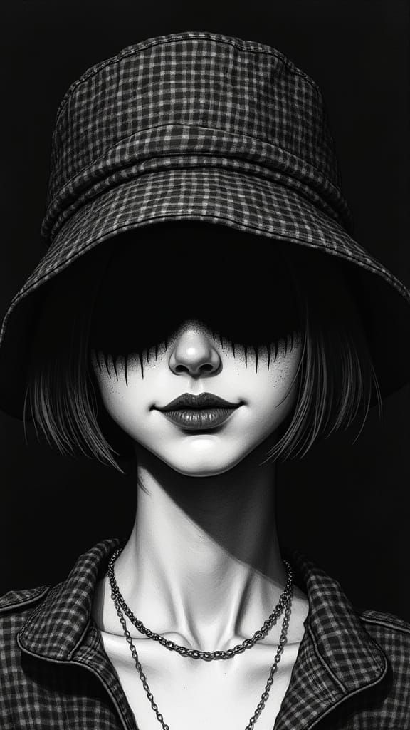 Eerie Woman with Ominous Smile in Manga Horror Style