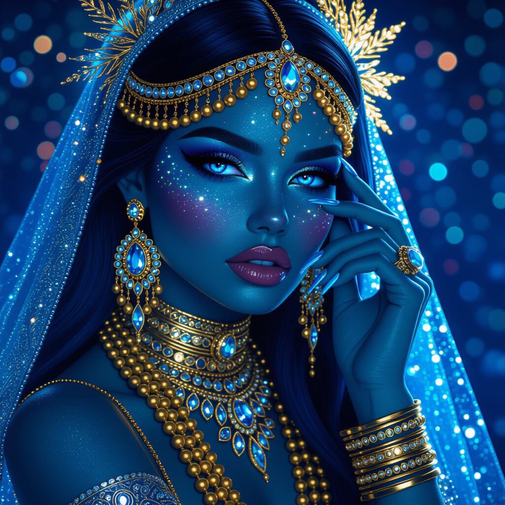 Bejeweled Woman with Neon Blue Skin in Celestial Setting