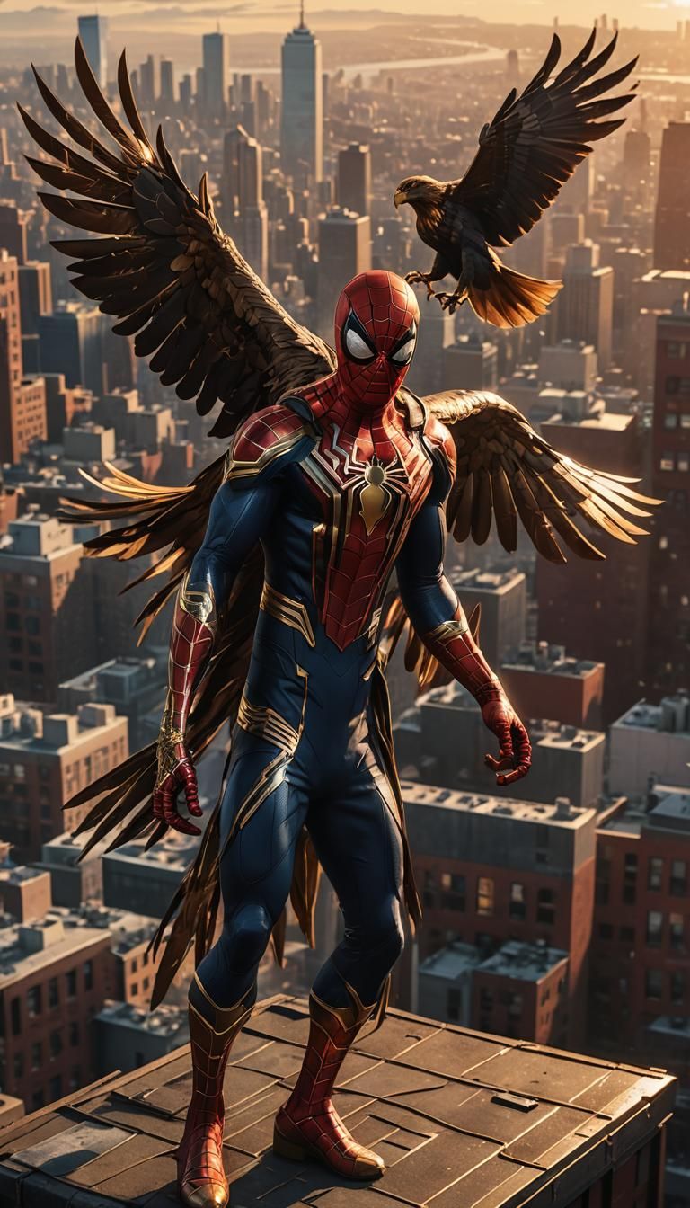 Spiderman and Eagle Rooftop Standoff in Comic Art