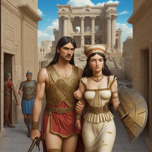 A hypperialistic couple in Minoan civilization which is dressed like civilians, behind them there is the a double axe Ca...