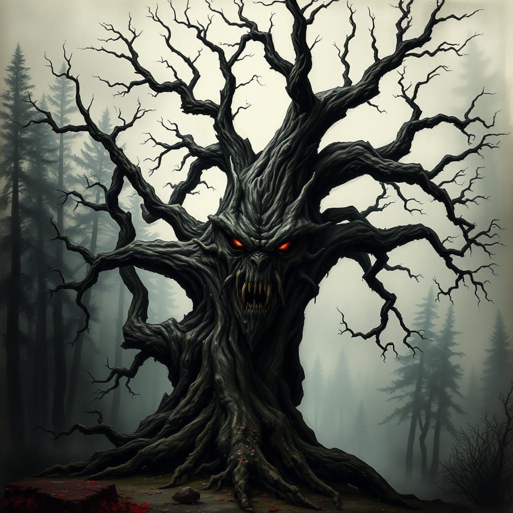 Surrealistic Tree Form with Demonic Face in Dark Fantasy Sty...