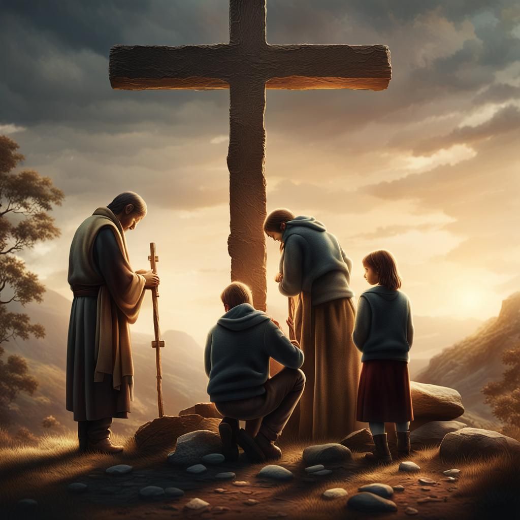 Family at the Cross: Hyperrealistic Digital Art