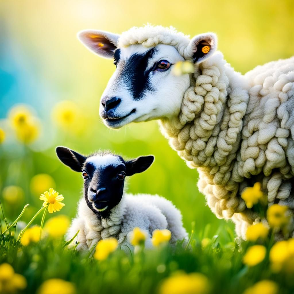 Cute Baby Sheep with Mummy in Flower Meadow