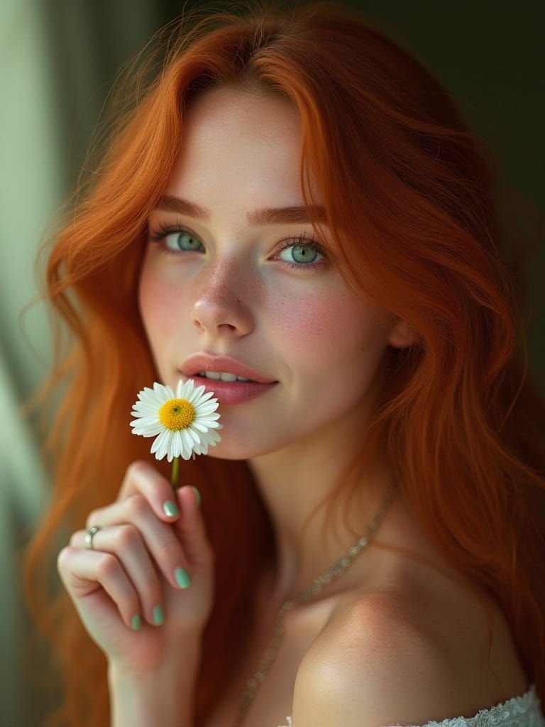 Hyperrealistic Portrait of Redhead Smelling Flower