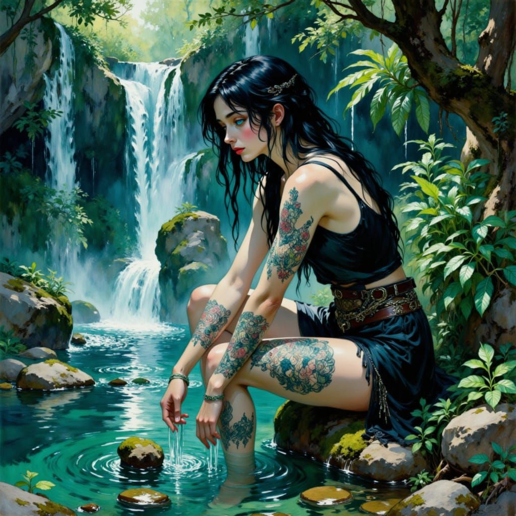 Gothic Lady by Lagoon Waterfall with Rune Tattoos