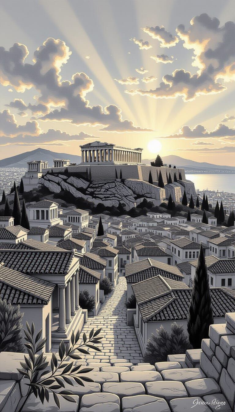 Ancient Athens Sunrise Cinematic Illustration