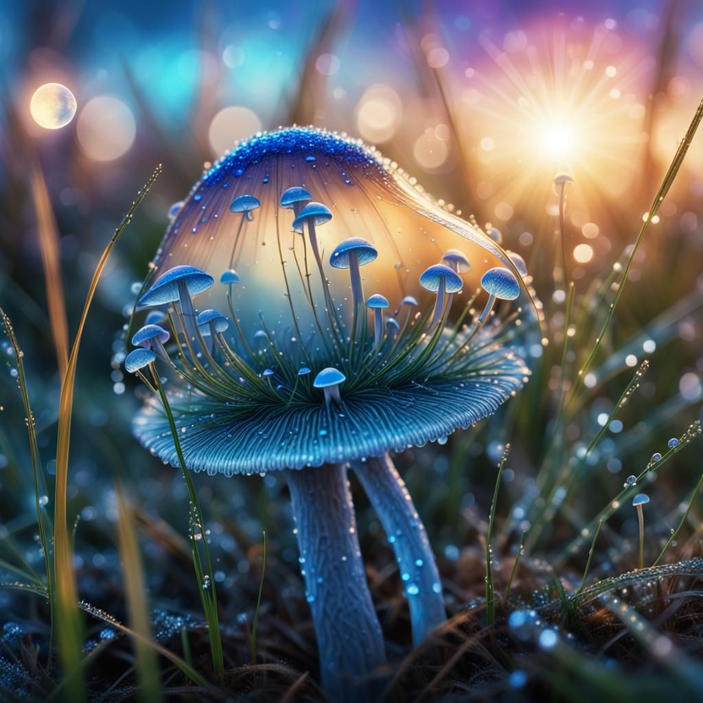 Dew-Kissed Mushroom at Sunrise: A Cosmic Illustration
