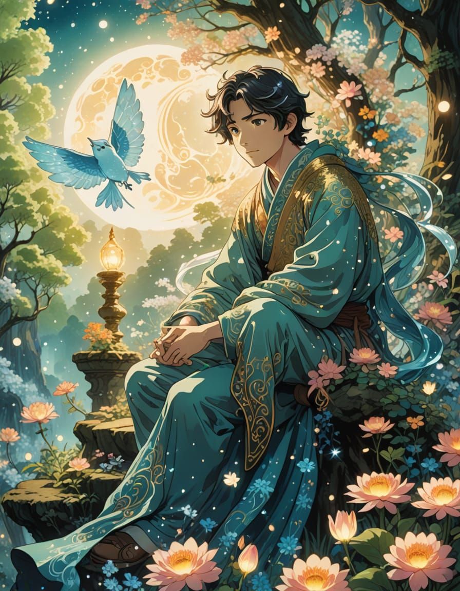 Ethereal Ghostly Figure in Blooming Bioluminescent Forest