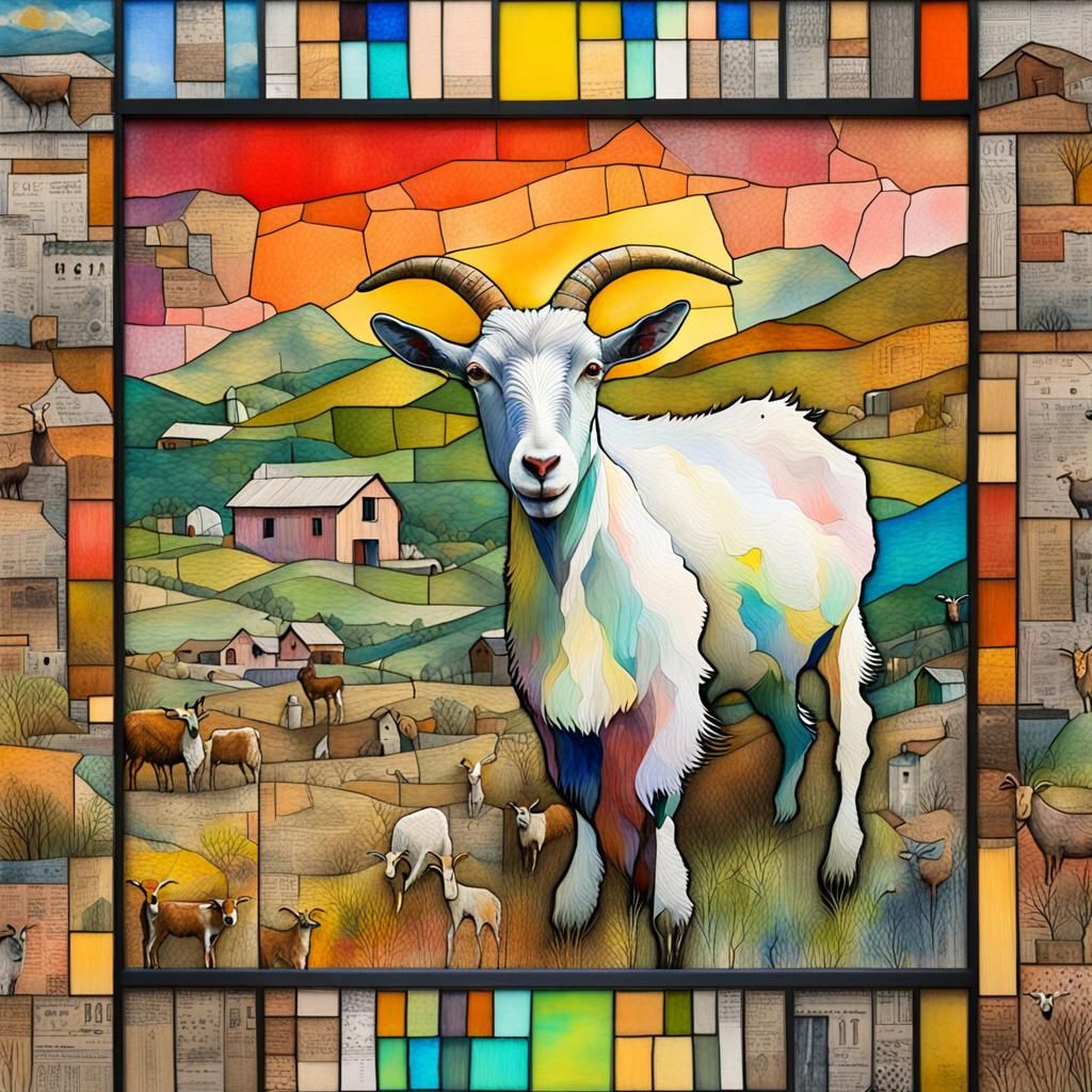 Whimsical Goat Farm in Mixed Media Collage