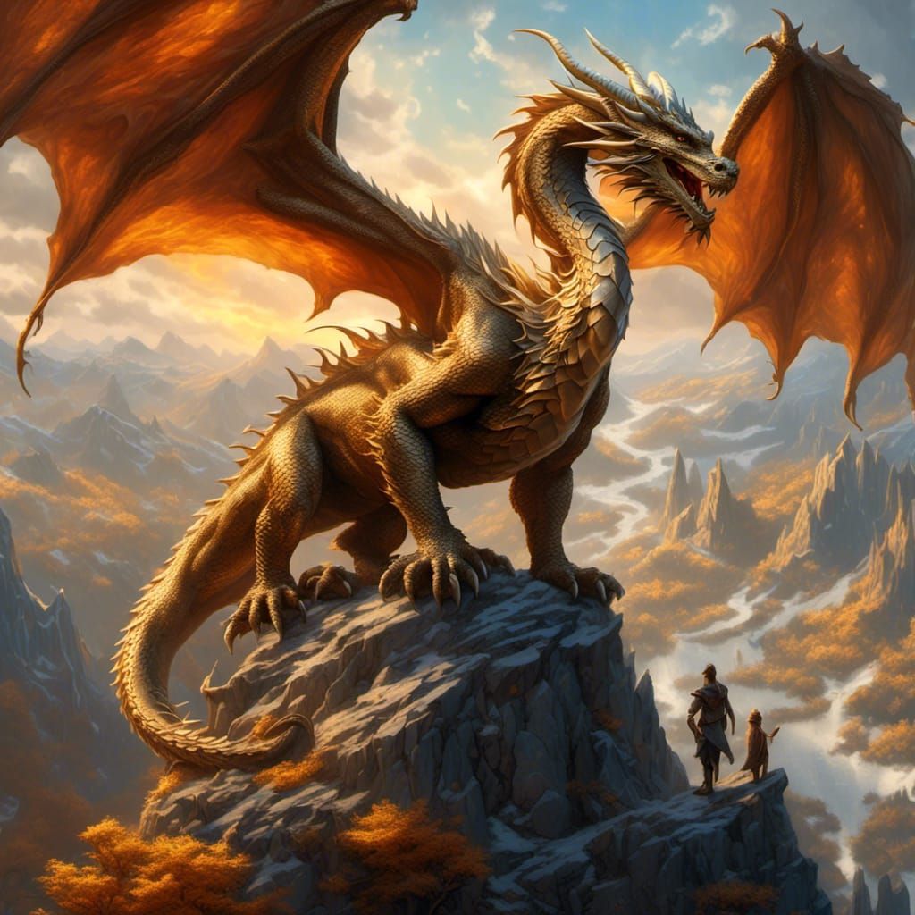 Vibrant Bronze Dragon on a Mountain Peak in a Golden Hued La...