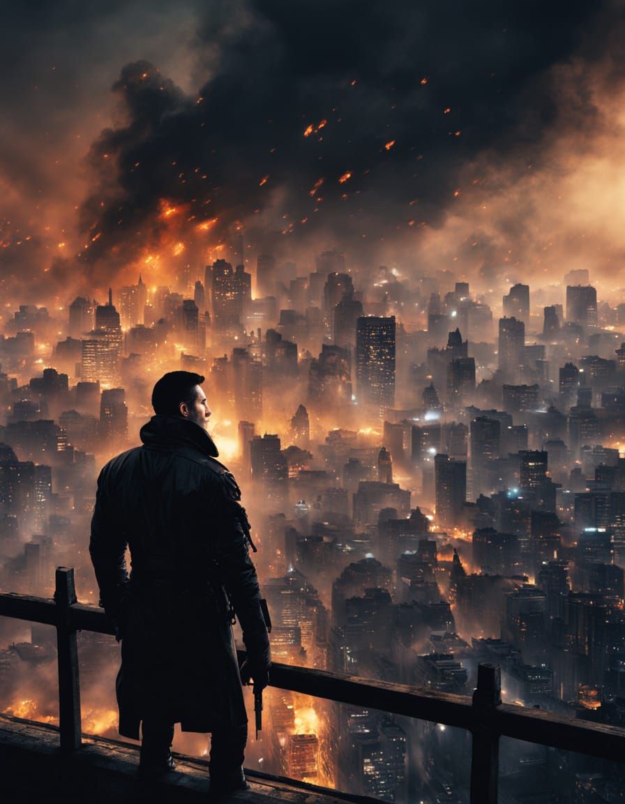 Elegant Assassin in Neon Cityscape, Cinematic Film Still