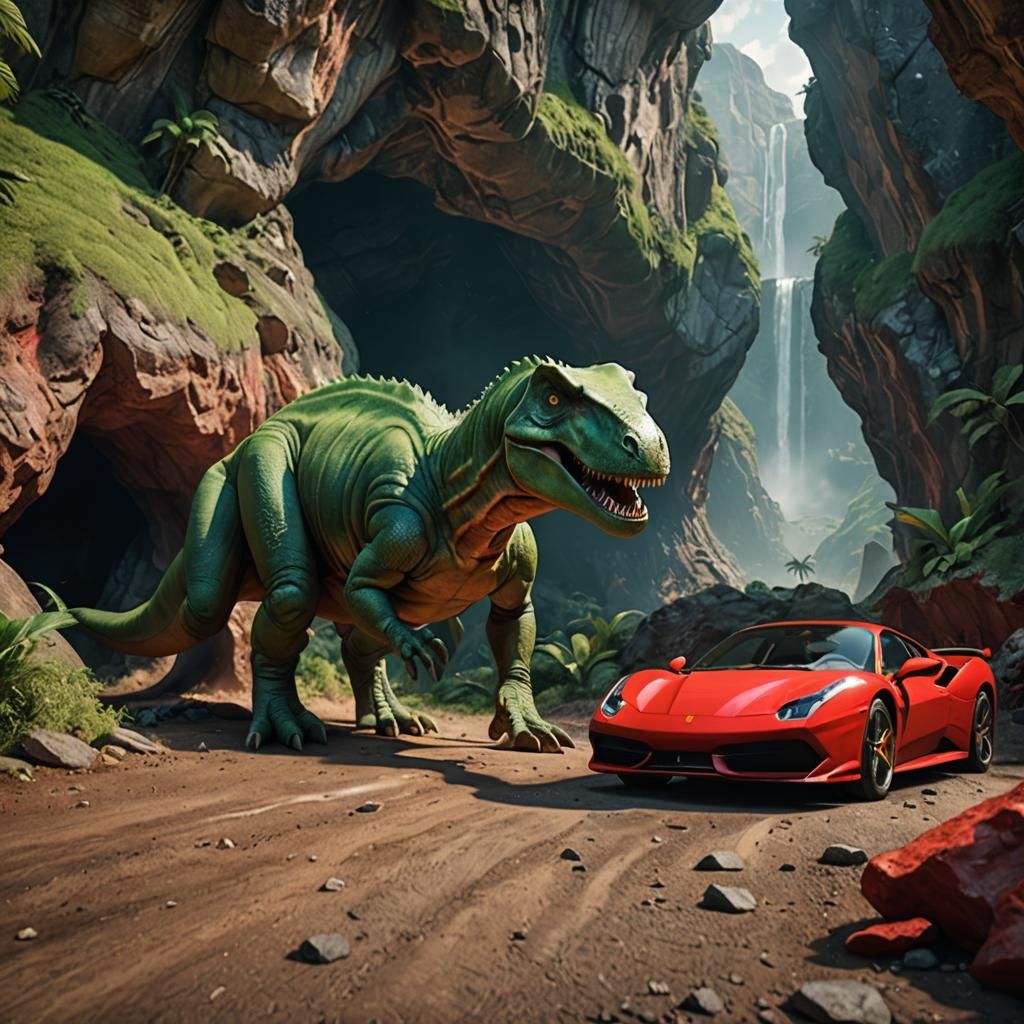 Green T-Rex and Red Ferrari in Cave, 8K