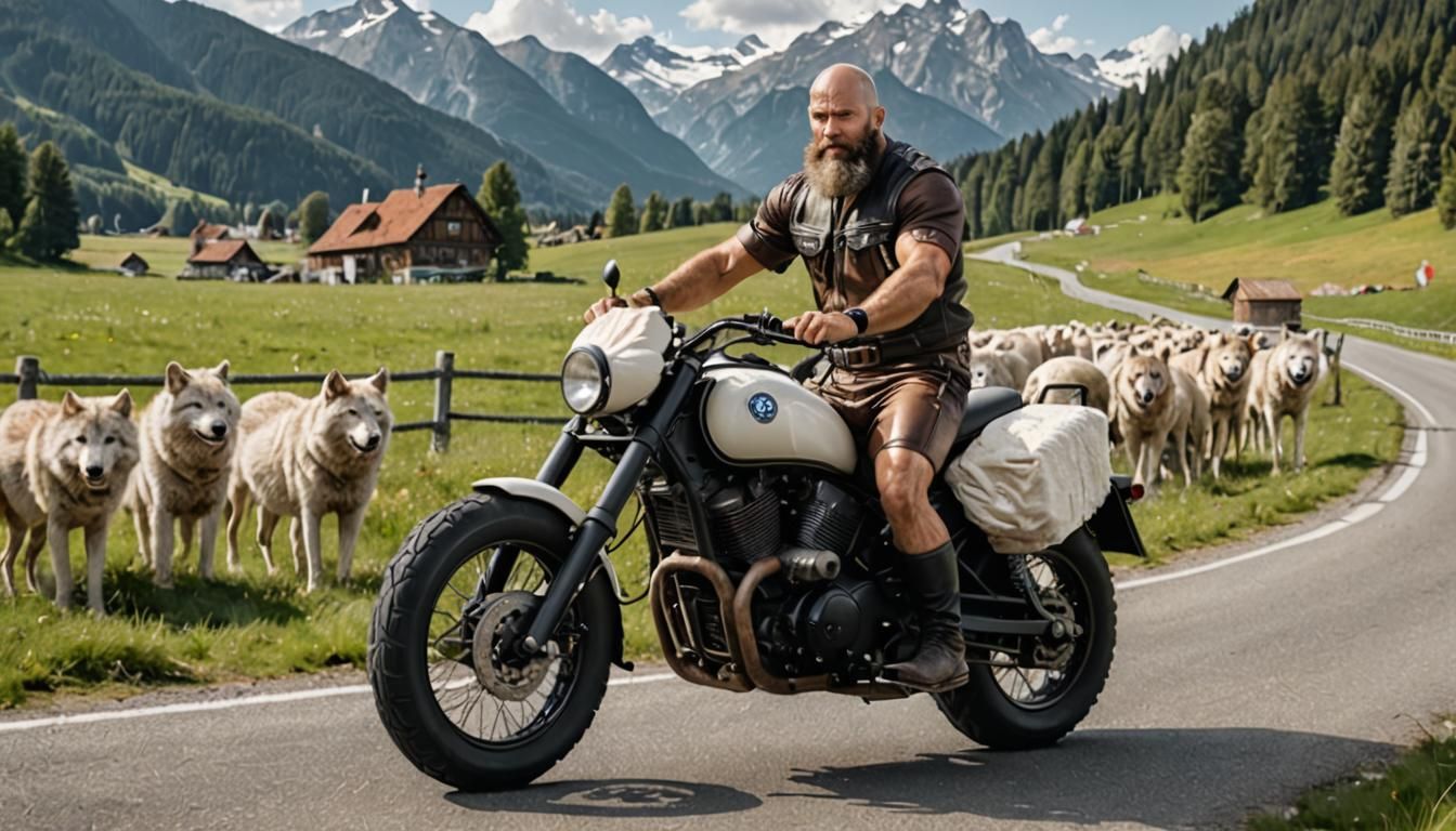 Bavarian Wolf Man on Bike: 8K Resolution
