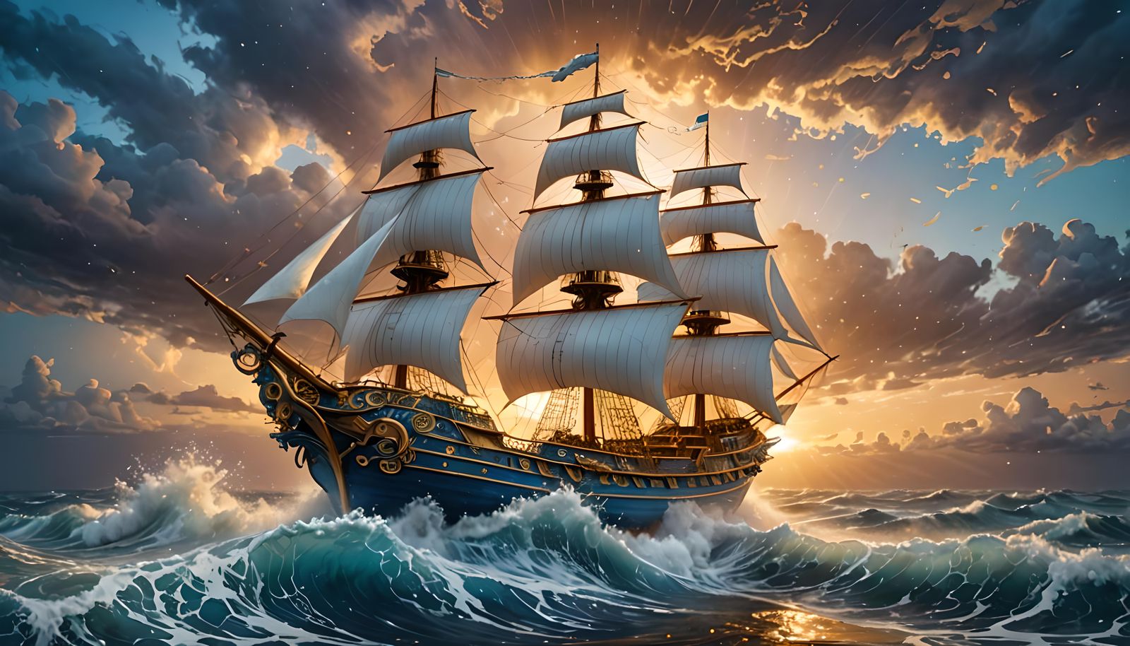 Enchanted Porcelain Ship on Stormy Sunset Ocean