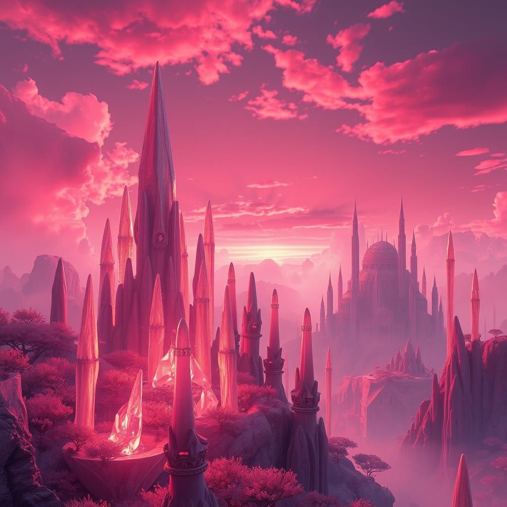 Mystical Pink Sunset Over Alien Landscape