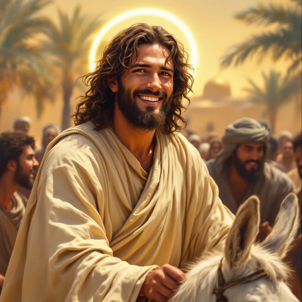 Jesus Riding a Donkey in a Serene Oil Painting