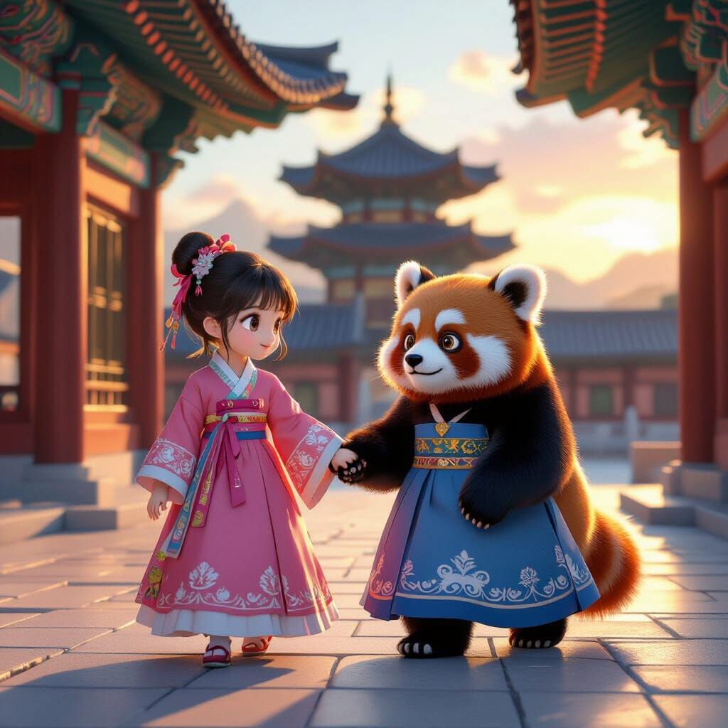 Korean Girl and Red Panda in Gyeongbokgung Palace