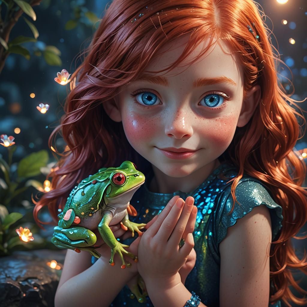 Girl with Frog in Vibrant 3D Digital Art