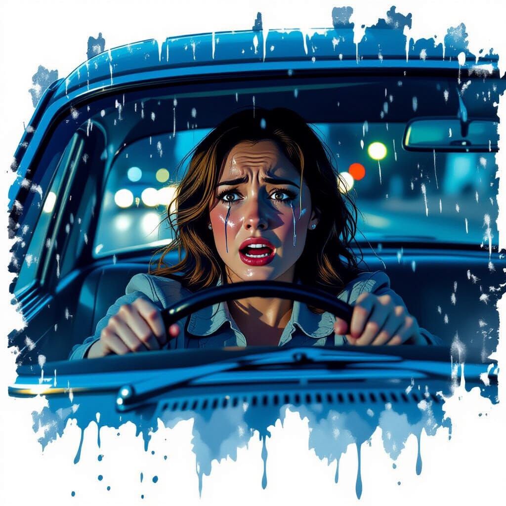 Woman Crying While Driving Vintage Car in Dramatic Style