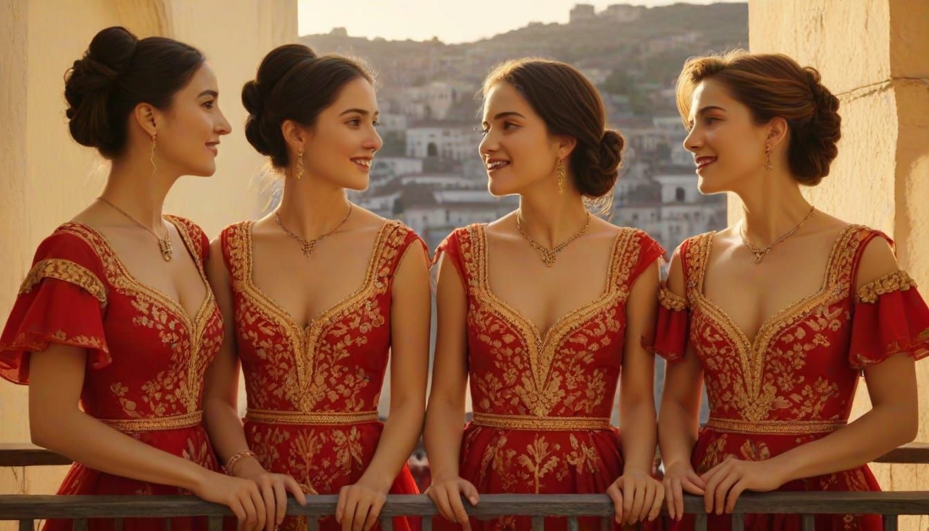 Elegant Women Overlook Spanish Festival: Oil Painting