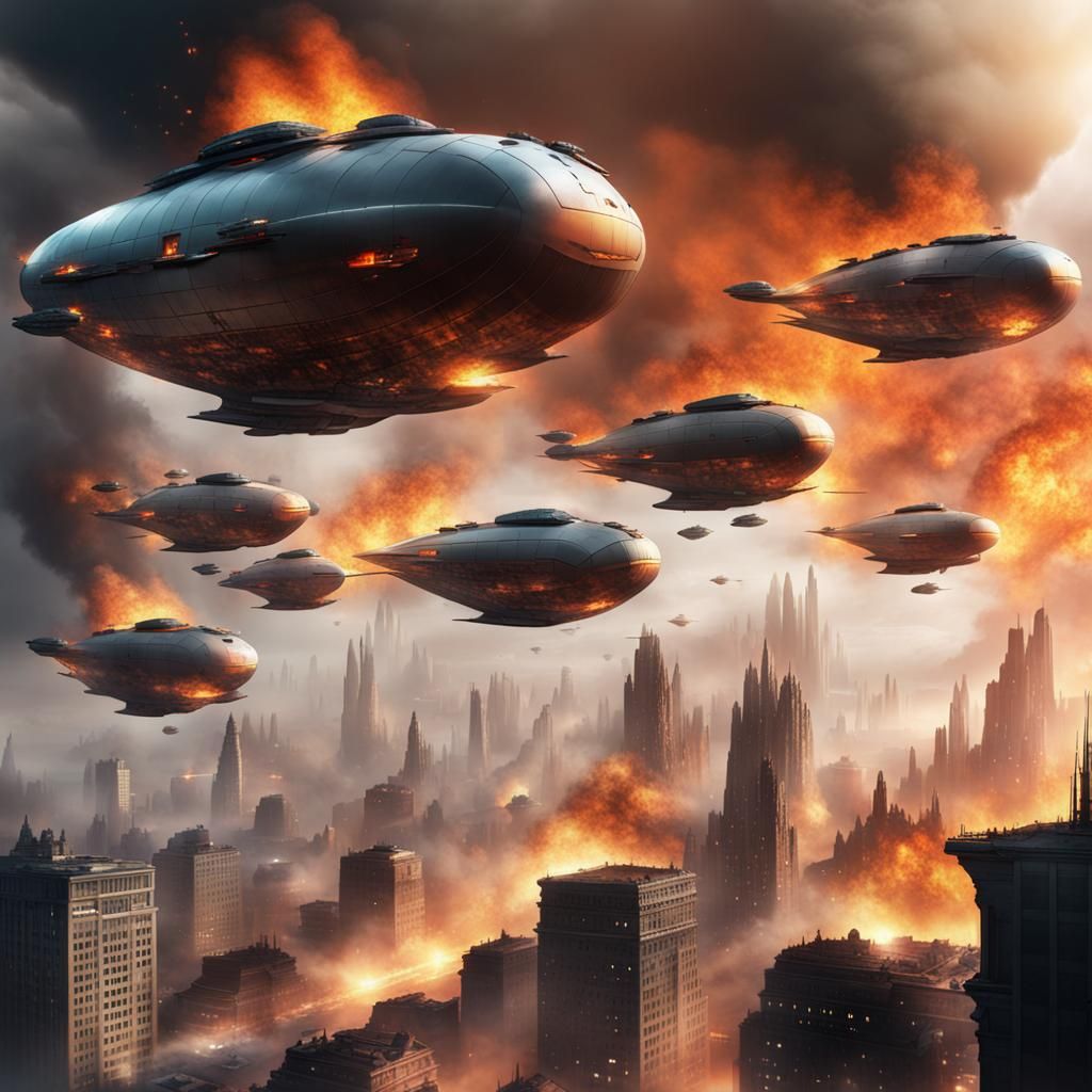 Futuristic Airships Over Burning City