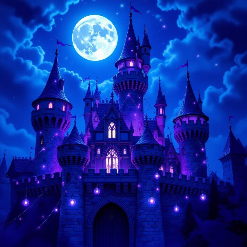 Gothic Fantasy Castle Woven from Light Under Full Moon
