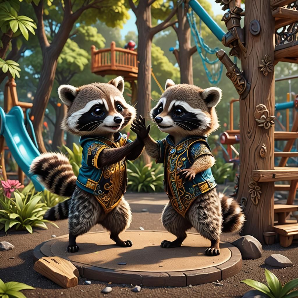 Chibi Raccoons High Five: 3D Art Illustration