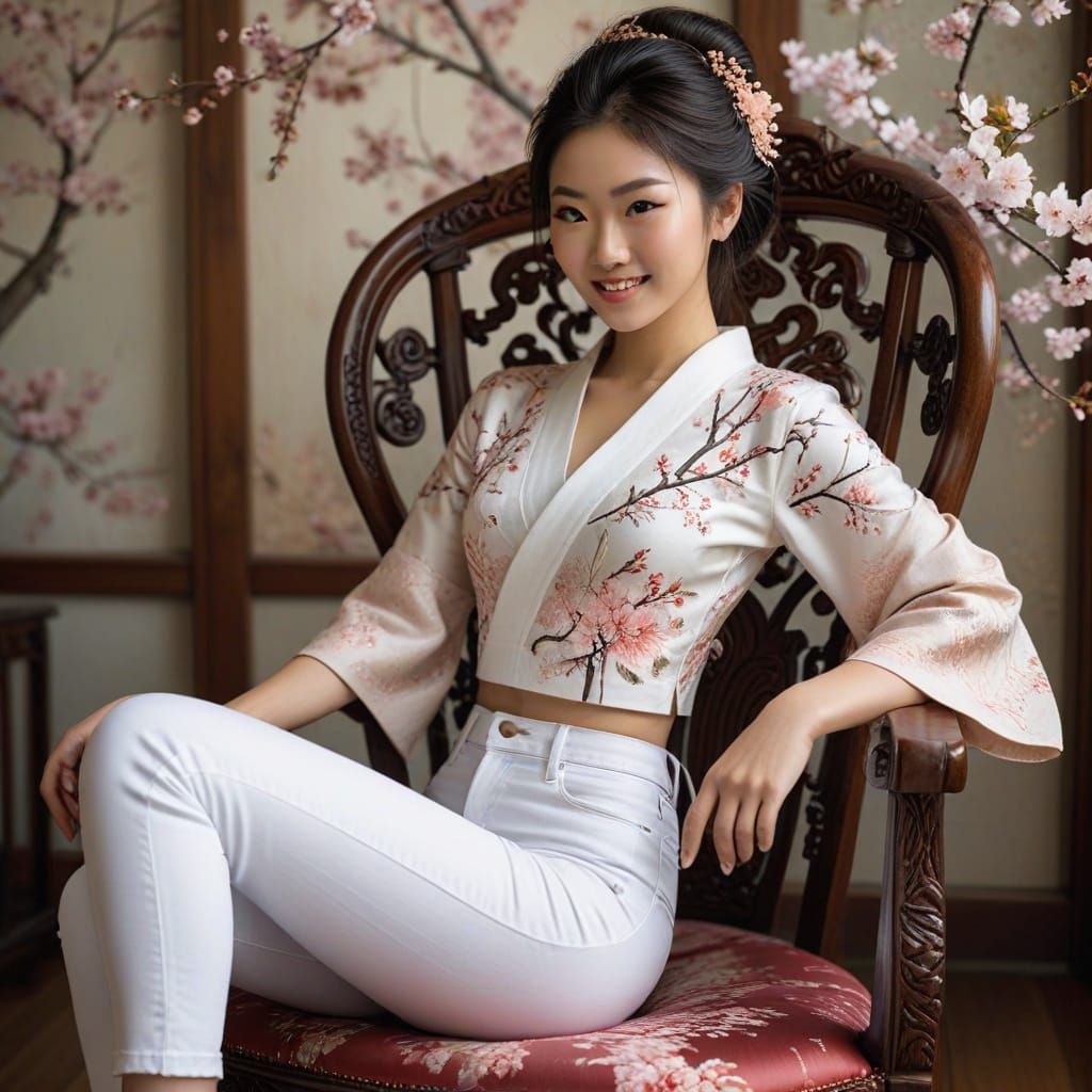 Geisha in Modern Attire with Cherry Blossoms