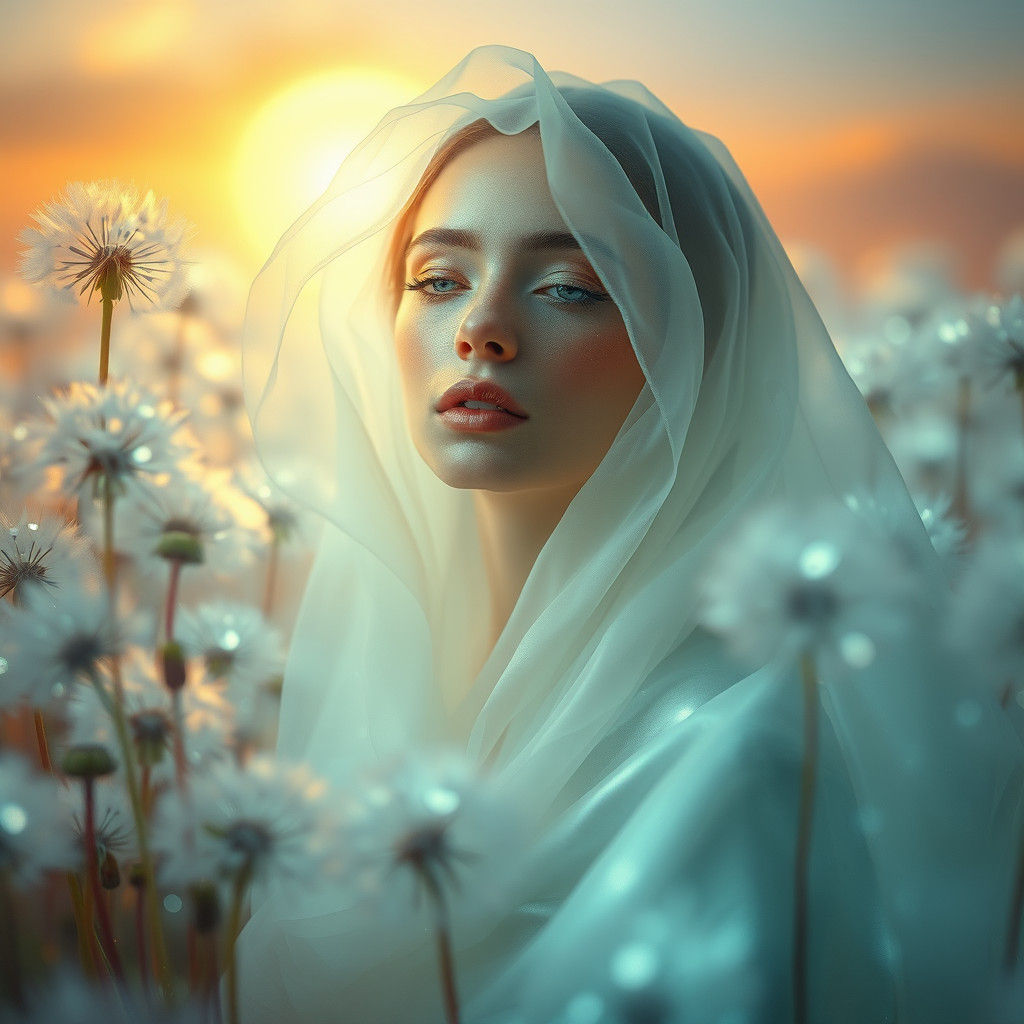 Ethereal Woman in Dandelion Dreamscape, Surrealist Portrait