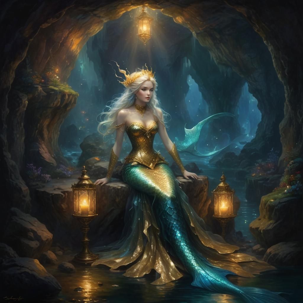 Mermaid in Candlelit Cavern: Ethereal Fantasy