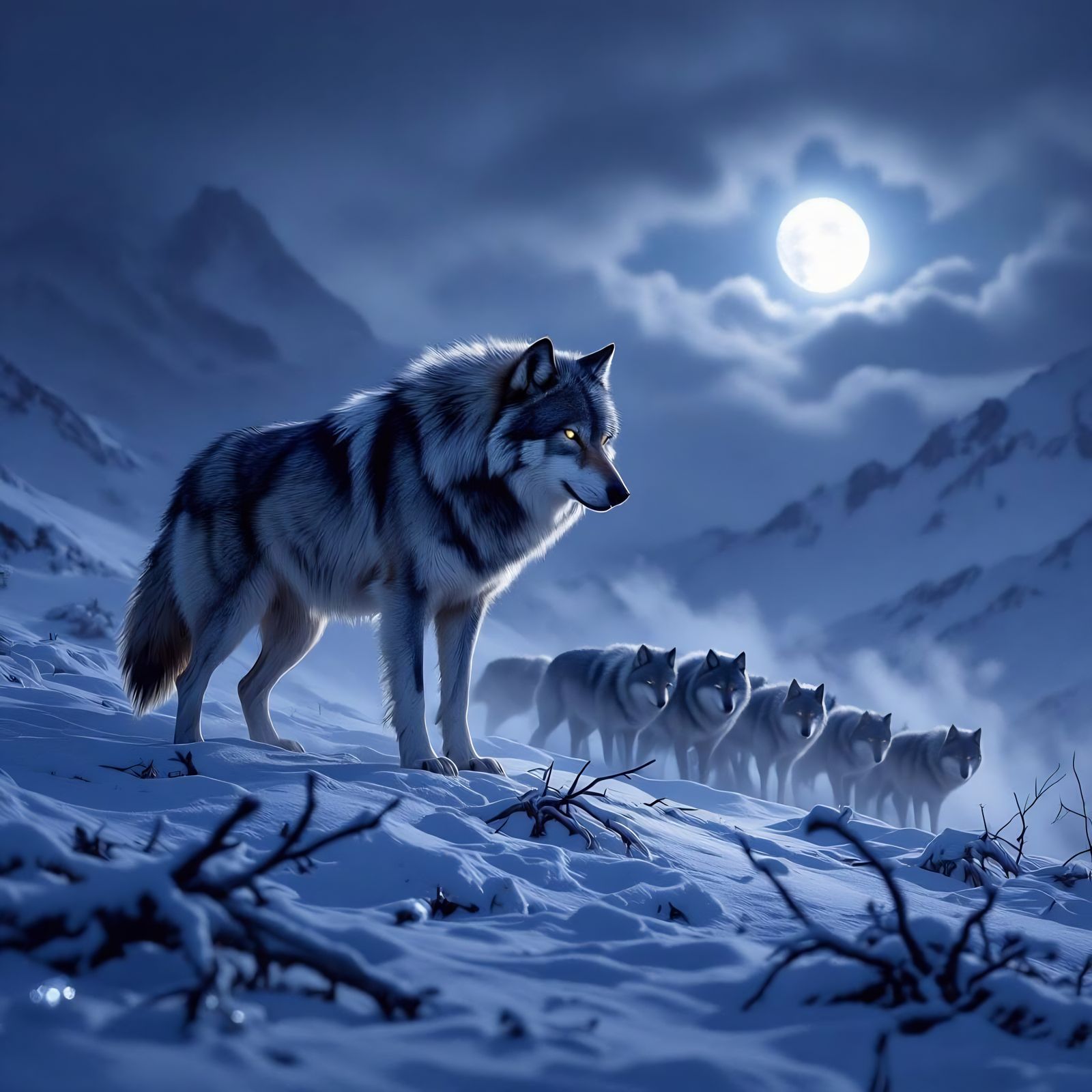 Colossal Alpha Wolf Leads Pack in Stormy Wilderness