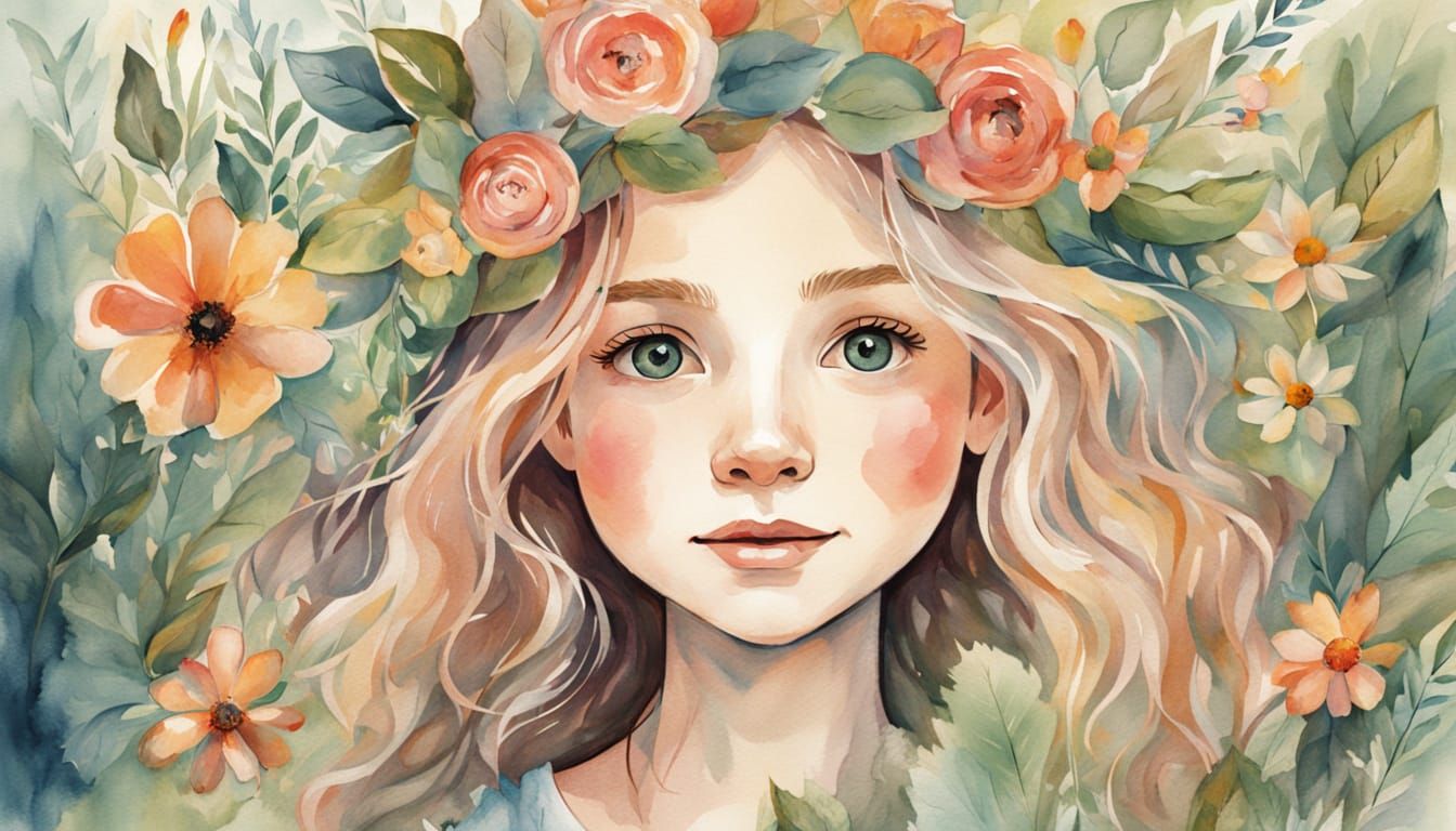 Dreamy Watercolor Portrait of a Whimsical Girl in a Floral C...