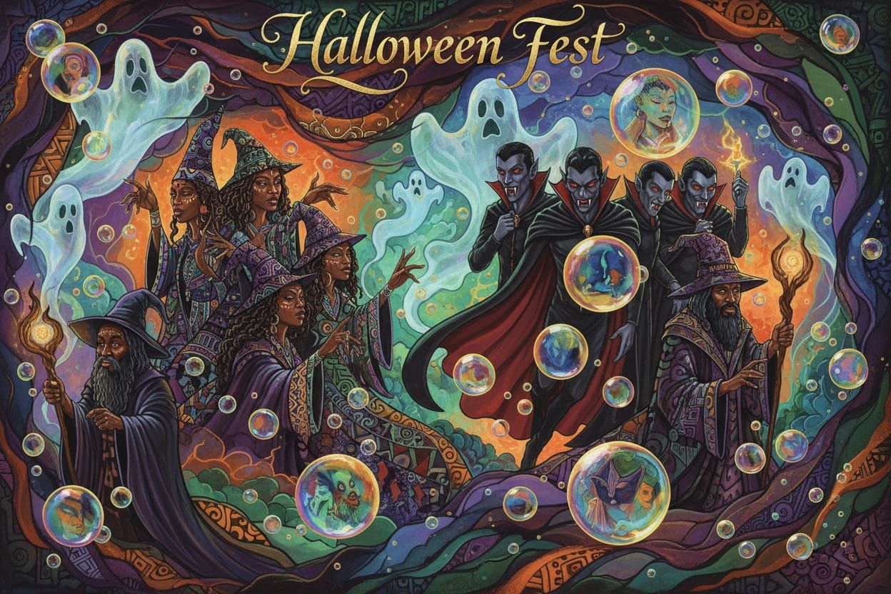 Intricately detailed alcohol ink illustration, "Halloween Fe...