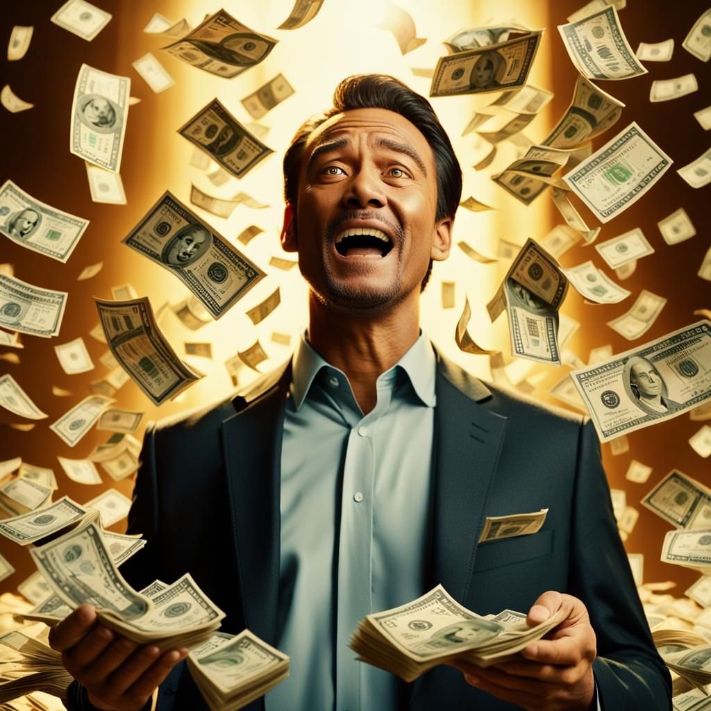 Triumphant Man Rising from Wealth in Cinematic Style