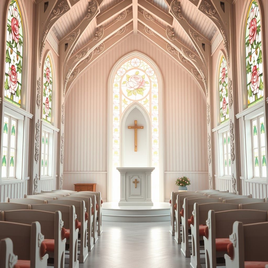 Sunlit Church Interior with Rose Bouquets in Stained Glass