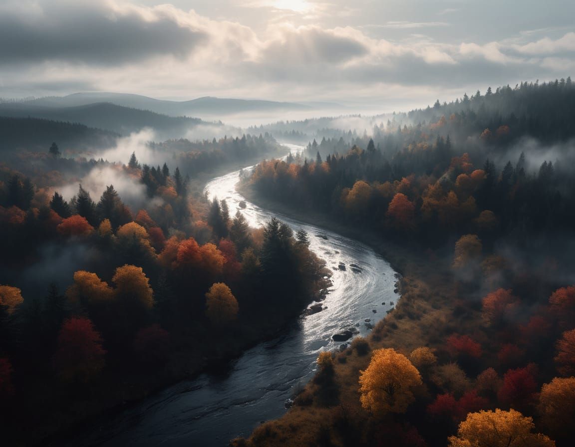 Misty Autumn Forest Aerial View with Sunbeams