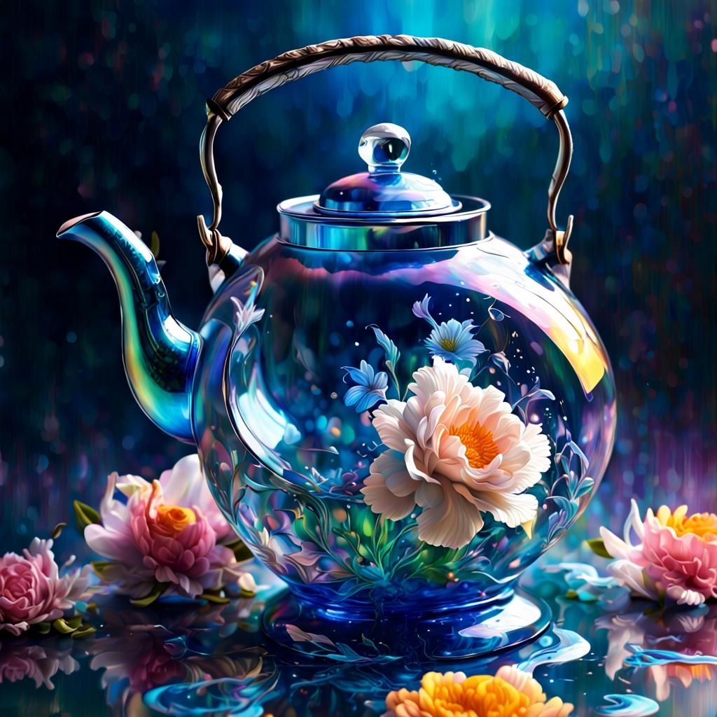 Iridescent Magic Teapot with Flowers in Splash Art