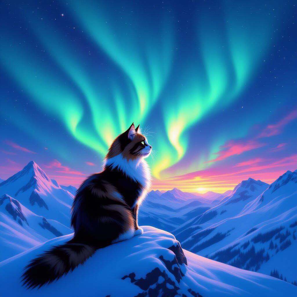 Spanish Cat Under Aurora Borealis on Mountain Peak