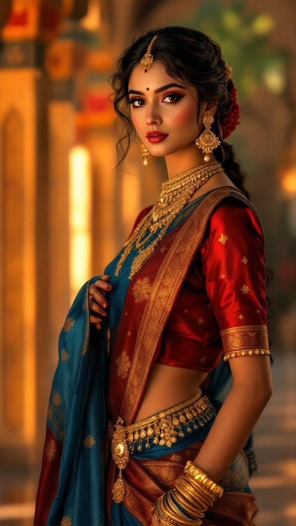 Elegant Indian Woman in Palace, Classical Miniature Style